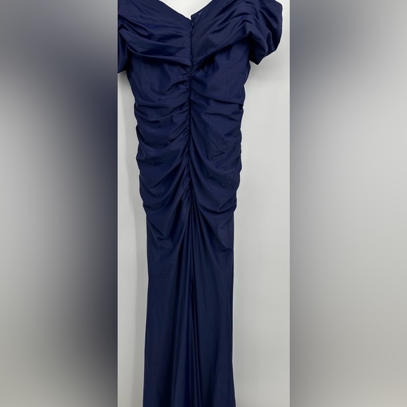 La Femme Ruched Cap Sleeved Long Jersey Dress In Navy Size 12 FLAW - Picture 5 of 7